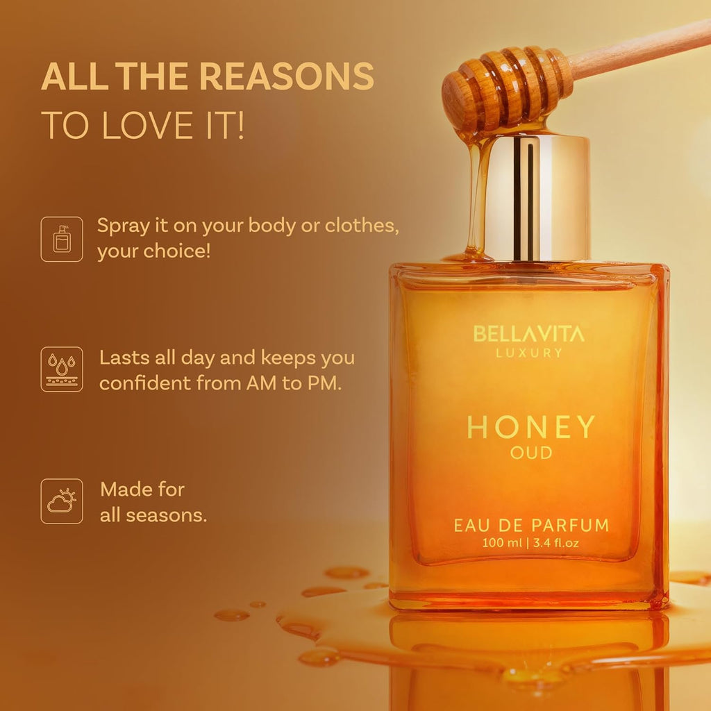 Bellavita Luxury Honey Oud Eau De Parfum | 100 Ml (3.4 Fl.Oz.) | Perfume for Men and Women | Sweet Honey, Bergamot, Oud, and Amber Notes | Women'S Day Special