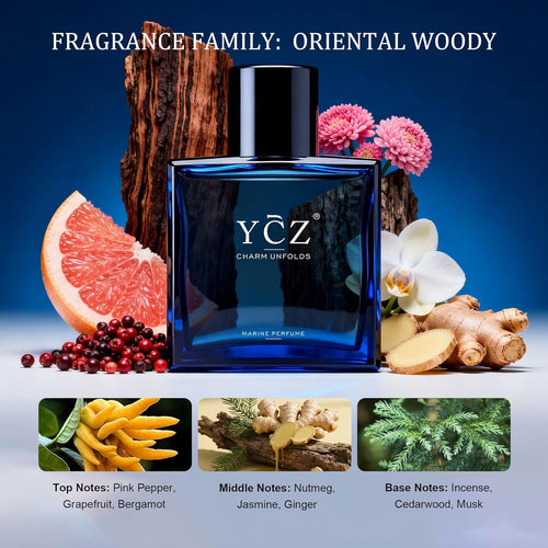 Charm Unfolds Marine Eau De Parfum for Men, Long Lasting Cologne with Fresh Marine & Oriental Woody Notes, 1.7 Fl Oz Masculine Fragrance for Daily Wear, Date Night, Travel & Gifts for Men