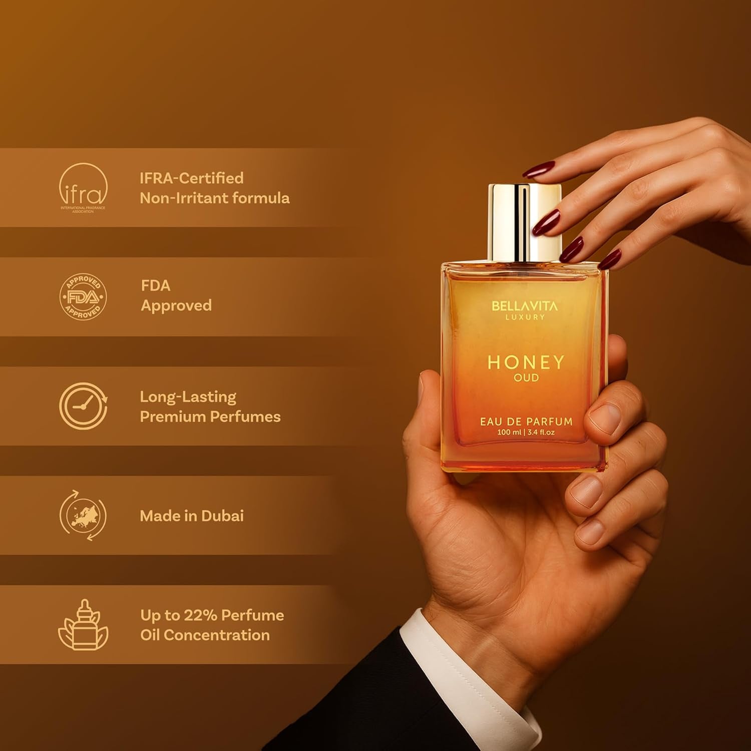 Bellavita Luxury Honey Oud Eau De Parfum | 100 Ml (3.4 Fl.Oz.) | Perfume for Men and Women | Sweet Honey, Bergamot, Oud, and Amber Notes | Women'S Day Special